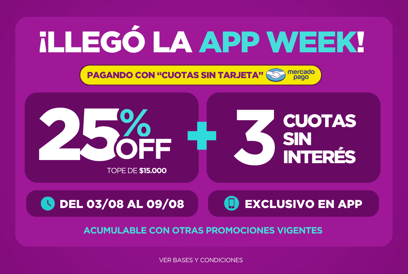 Exclusivo en la App. Aprovechá 25%OFF con cuotas sin tarjeta de Mercado Pago.
